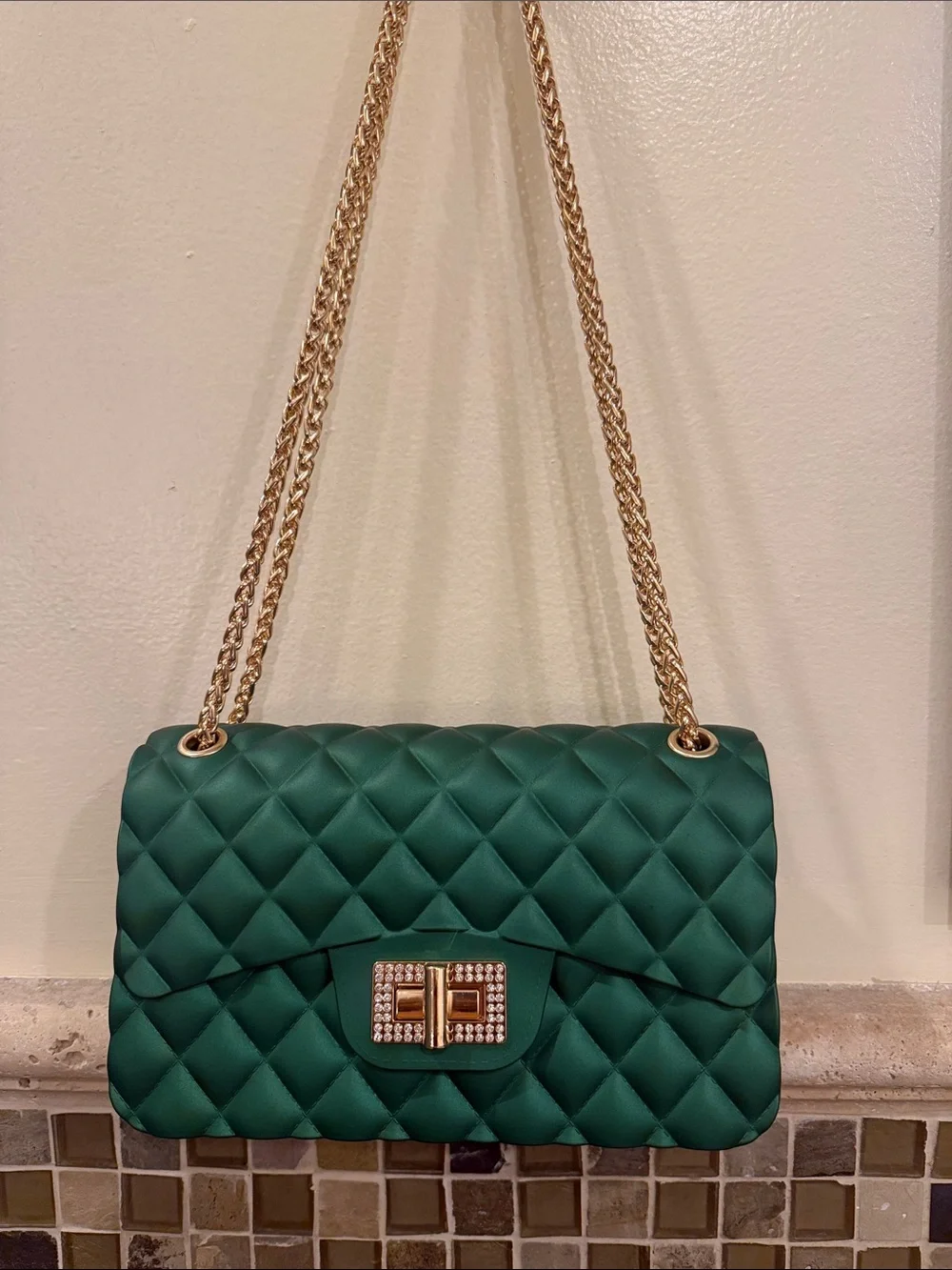 Emerald Quilted Shoulder Bag with Gold Chain and Crystal Turn-Lock